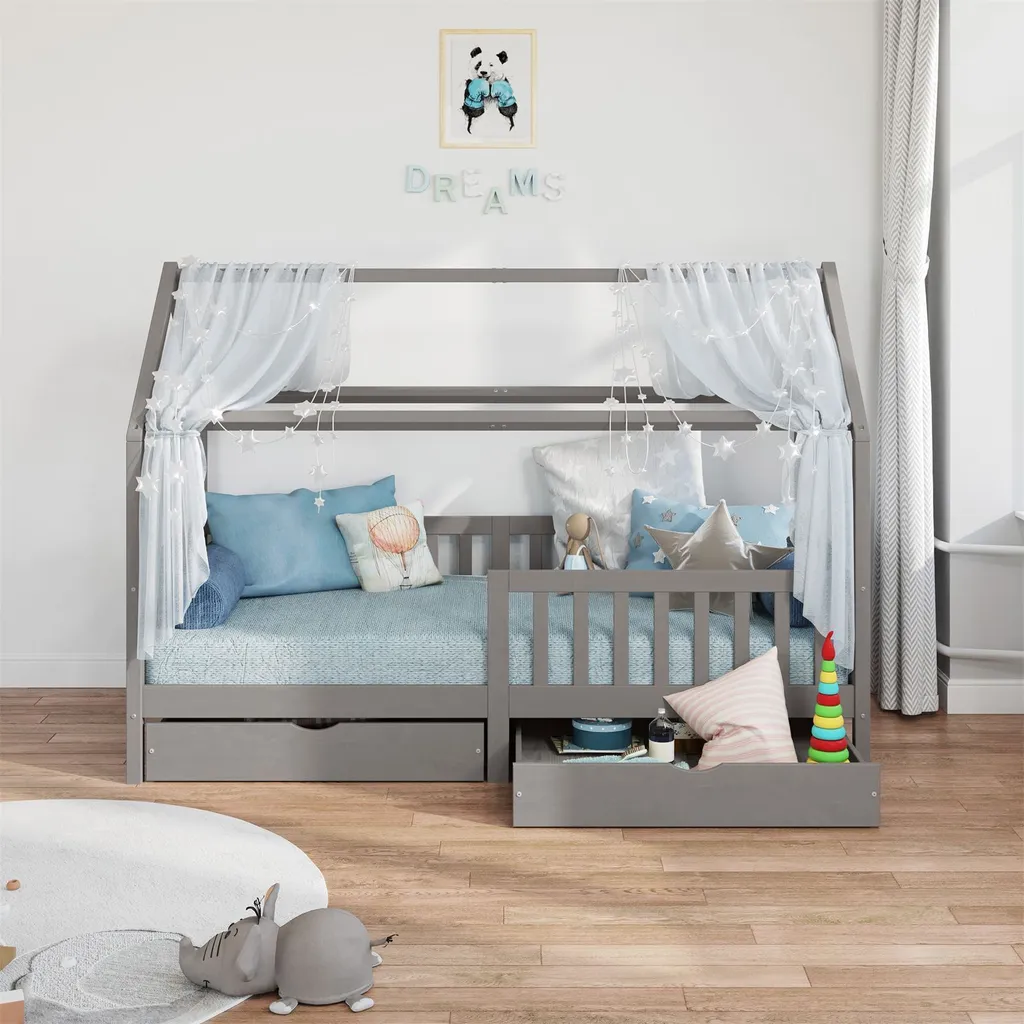 Hausbett NUNA Aus Massiver Kiefer, Montessori Bett In 90 X 200 Cm Mit Rausfallschutz, Spielbett Mit Schubladen, Modernes Kinderbett Mit Dach In Grau 4 Hausbett NUNA Aus Massiver Kiefer, Montessori Bett In 90 X 200 Cm Mit Rausfallschutz, Spielbett Mit Schubladen, Modernes Kinderbett Mit Dach In Grau – Bild 2