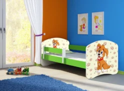 ACMA Jugendbett Kinderbett Junior-Bett Komplett-Set Mit Matratze Lattenrost Und Rausfallschutz Grün 11 Welpe 160x80