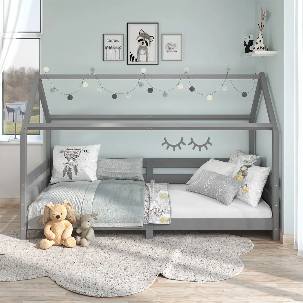 Hausbett FINA Aus Massiver Kiefer, Montessori Bett 90x200cm, Kinderbett Mit Dach In Grau 4 Hausbett FINA Aus Massiver Kiefer, Montessori Bett 90x200cm, Kinderbett Mit Dach In Grau – Bild 2