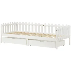 Merax Kinderbett 90x200 Cm Tagesbett Einzelbett Mit Zäune Und 2 Schubladen Auf Rollen, Kiefernholz Lattenrost Hausbett, Weiß -Kinderbett Geschäft 05182ee2085ddaa87b9d3c1384c7bf59