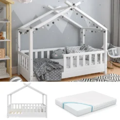 Kinderbett Hausbett DESIGN Weiß 70x140cm Zaun Kinder Bett Holz Haus Hausbett Mit Matratze -Kinderbett Geschäft 05227ad4aa74f0de1f777a81de715eb1