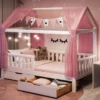 Alcube® Hausbett 90 X 200 Cm Komplett-Set Mit Schubladen Matratze Und Deko Rosa, Rausfallschutz Und Lattenrost, Kinderbett 90x200 Cm Für Mädchen Und Jungen Kinderbetten Aus Massivem Kiefernholz -Kinderbett Geschäft 05c49396e9cab05370fb7b76e1bbac69
