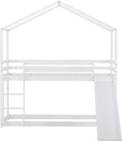 Merax Kinderbett 90x200cm Hochbett Etagenbett Mit Leiter Und Rutsche, Rausfallschutz Und Dachform, 2 Einzelbetten Hoch Doppel Stockbett Für Kinderzimmer, Kiefernholz Rahmen, Weiß -Kinderbett Geschäft 070001830aedbf31f3e345a0df78732f
