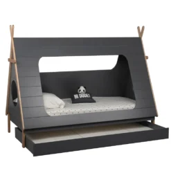 Homestyle4u 1954, TIPI Hausbett Kinderbett Spielbett Kiefer Grau Blau Bettkasten 90x200