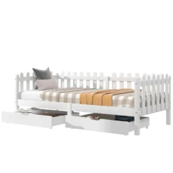 Merax Kinderbett 90x200 Cm Tagesbett Einzelbett Mit Zäune Und 2 Schubladen Auf Rollen, Kiefernholz Lattenrost Hausbett, Weiß -Kinderbett Geschäft 0ac93f1d3131694af39c1654ef4833af