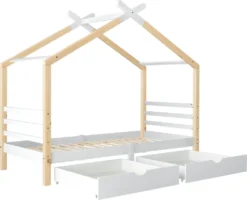 Merax Kinderbett 90x200cm Hausbett Mit Lattenrost Und 2 Schubladen, Spielbett Massivholzbett Für Kinder-und Jugendzimmer, Weiß/Natur -Kinderbett Geschäft 0daf1ac024a3040ee8baddd4cbd7a8bb
