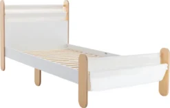 HOMCOM Kinderbett Jugendbett Hausbett Mit Betttasche Spielzeugtasche Ab 3 Jahre Holzbett Kinderzimmer Spielbett Einzelbett Kiefernholz Weiß+Natur 229 X 98 X 95 Cm