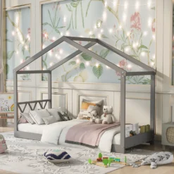 Merax Kinderbett Hausbett 90 X 200cm Etagenbett Mit Aufbewahrungsfunktion, Bettgestell Hausbett Massivholz Kiefer Einzelbett Mit Lattenrost (grau)