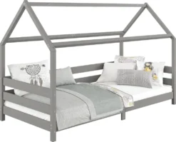 Hausbett FINA Aus Massiver Kiefer, Montessori Bett 90x200cm, Kinderbett Mit Dach In Grau