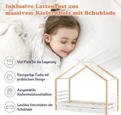 Merax Kinderbett 90x200cm Hausbett Mit Lattenrost Und 2 Schubladen, Spielbett Massivholzbett Für Kinder-und Jugendzimmer, Weiß/Natur -Kinderbett Geschäft 179d1b97810581d2fbb5ac951f683ae0
