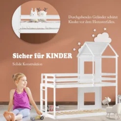 Merax Etagenbett 90x200 Cm Hochbett Mit Treppe Und Lattenrost, Dach Und Rausfallschutz, Kieferholzbett Kinderbett Für 2 Kinder, Weiß -Kinderbett Geschäft 17fc4088617e8c522de91cfa01559232