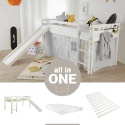 Homestyle4u 2255, Kinder Hochbett Mit Lattenrost Matratze Rutsche Leiter 90x200 Massiv Spielbett Jugendbett Etagenbett