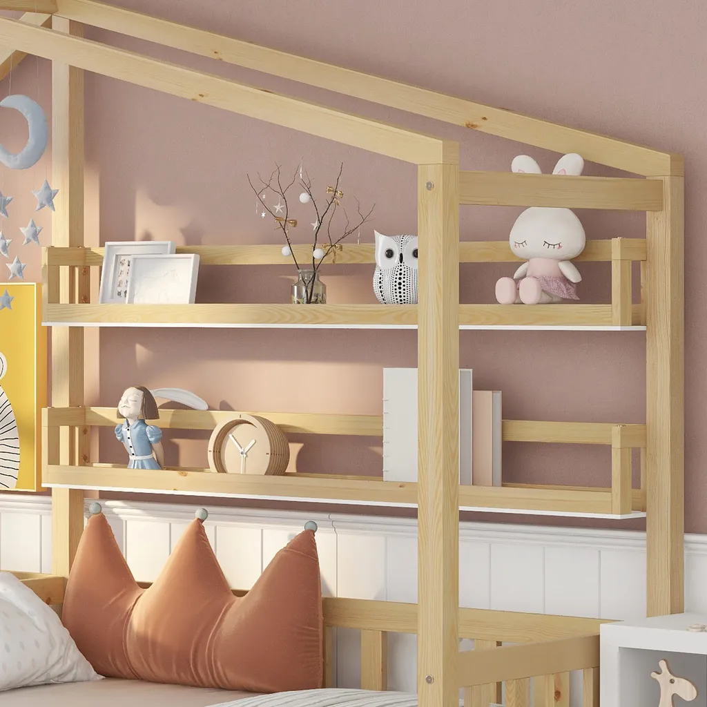 Merax Kinderbett 90x200cm/140x70cm Hausbett Mit Schubladen Und Regalen, Zaun Und Lattenrost, Spielbett Kinderhaus Aus Kiefernholz Für Zwei Kinder, Natur 5 Merax Kinderbett 90x200cm/140x70cm Hausbett Mit Schubladen Und Regalen, Zaun Und Lattenrost, Spielbett Kinderhaus Aus Kiefernholz Für Zwei Kinder, Natur – Bild 3