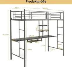 COSTWAY Hochbett Mit Schreibtisch, Etagenbett Mit 2 Leitern, Stockbett Aus Metall, Bettrahmen Für Teenager Und Erwachsene (Silber) -Kinderbett Geschäft 1ffaf449684ca81aa750af08f3652385