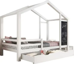Merax Kinderbett Adele 90x200cm Hausbett Mit Tafel Und 2 Schubladen, Zaun Und Lattenrost, Spielbett Bett Kinderhaus Aus Massivholz, Weiß -Kinderbett Geschäft 203b56176d140270a8bdd63a52eedeeb