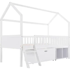 Merax Kinderbett Hausbett 90x200cm Jugendbett Mit Schubladen, Ablagefächern Und Leiter, Rausfallschutz Und Dachgestaltung, Weiß -Kinderbett Geschäft 21846fdf0958c4992a3729cc51208638