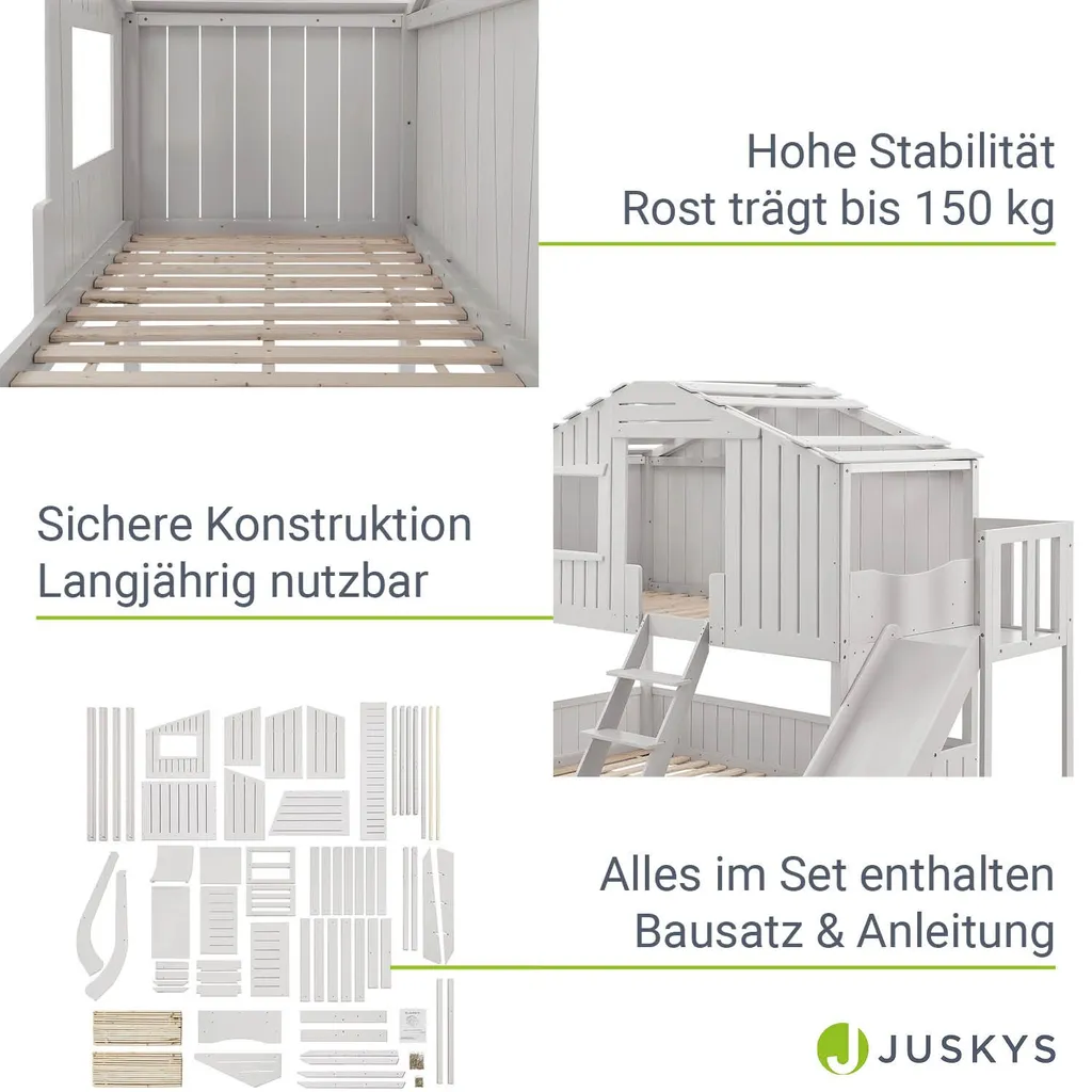 Juskys Kinderbett Baumhaus 90 X 200 Cm Mit Dach, Rutsche & Leiter – Etagenbett Weiß Für Kinder – 2x Lattenrost Bis 150 Kg – Hausbett Aus Massivholz 7 Juskys Kinderbett Baumhaus 90 X 200 Cm Mit Dach, Rutsche & Leiter – Etagenbett Weiß Für Kinder – 2x Lattenrost Bis 150 Kg – Hausbett Aus Massivholz – Bild 5
