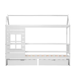 Merax Kinderbett 90x200cm Hausbett Mit 2 Schubladen Und Rausfallschutz, Dach Und Fenster, Kiefer Einzelbett Babybett Kinderhaus Mit Lattenrost, Weiß -Kinderbett Geschäft 22e7088d26fe302804509e2be5a078d5
