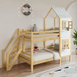Merax Etagenbett 90x200cm Kinderbett Mit Leiter, Fallschutz Und Lattenrost, Hochbett Stockbett Kiefer Holzbett Hausbett Mit Dach Und Fenster, Weiß/Natur -Kinderbett Geschäft 2321a4db1cacaffd16c41e4fd663375c