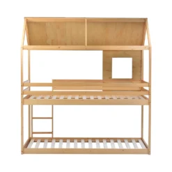 Merax Etagenbett 90x200cm Kinderbett Hochbetten Mit Dach, Leiter, Fenster Und Lattenrost, Doppelstockbett 2 Einzelbetten Für Kinderzimmer, Kiefernholz Rahmen, Eichenfarbe -Kinderbett Geschäft 232cdcd5124631ec81135c262b83ce01