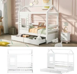 Merax Kinderbett Hausbett Mit Rausfallschutz Und Schubladen, Massivholz Spielbett 160x80 Cm Babybett Mit Lattenrost Und Fenster, Weiß -Kinderbett Geschäft 24beffbfde1332d3bea7dcfa99df6b1c