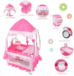 COSTWAY 4 In 1 Reisebett & Wickeltisch & Kinderbett & Laufstall Klappbar, 125x65x76cm, 2 Ebenen Babybett Mit Spielbogen, Musikbox, Wickelauflage, Baldachin Und Transporttasche (Rosa) -Kinderbett Geschäft 251734cf4e348e19b8cc2eb10a18524d