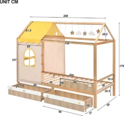 Merax Kinderbett 90x200 Cm Kieferholzbett Mit Schubladen Und Lattenrost, Hausbett Mit Dach Und Wolken- Und Sternanhänger, Massivholz Kinderhaus Für Jungen & Mädchen, Natur -Kinderbett Geschäft 25ce7f8148b142a06d03179680126d3a