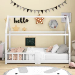 Merax Kinderbett 90 X 200 Cm Hausbett Mit Tafel Und Rausfallschutz, Lattenrost Und Zaun, Einzelbett Für Mädchen Und Jungen Kinderbetten Aus Massivem Kiefernholz, Weiß -Kinderbett Geschäft 26c03d497e5339766999a1cc5c0cda6e