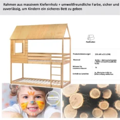 Merax Etagenbett 90x200cm Kinderbett Hochbetten Mit Dach, Leiter, Fenster Und Lattenrost, Doppelstockbett 2 Einzelbetten Für Kinderzimmer, Kiefernholz Rahmen, Eichenfarbe -Kinderbett Geschäft 27b7460fa0cee680b84f39a5b4777c32
