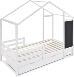 Merax Kinderbett Adele 90x200cm Hausbett Mit Tafel Und 2 Schubladen, Zaun Und Lattenrost, Spielbett Bett Kinderhaus Aus Massivholz, Weiß -Kinderbett Geschäft 29d9933eb51a74248fecc23f969ba618