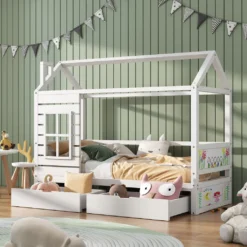 Merax Kinderbett 90x200cm Hausbett Mit 2 Schubladen Und Rausfallschutz, Dach Und Fenster, Kiefer Einzelbett Babybett Kinderhaus Mit Lattenrost, Weiß
