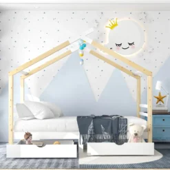 Merax Kinderbett 90x200cm Hausbett Mit Lattenrost Und 2 Schubladen, Spielbett Massivholzbett Für Kinder-und Jugendzimmer, Weiß/Natur -Kinderbett Geschäft 2be727f9fcae0dd22beaf33467bd8776