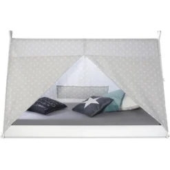 Homestyle4u 2084, Kinderbett Mit Matratze TIPI 90x200 Jugendbett Weiß Grau Holzbett Kinderzimmer Stoff -Kinderbett Geschäft 2e291e61cde98f064ab721e65e00ca4d