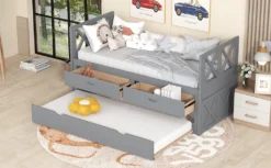 Merax Funktionsbett 90 X200 Cm Jugendbett Tagesbett Mit Schubladen Und Trundle, Funktionsliege Kojenbett Kinderbett Aus Kiefer, Grau -Kinderbett Geschäft 2f774c7111e98b642a22916a78476b00