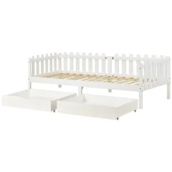 Merax Kinderbett 90x200 Cm Tagesbett Einzelbett Mit Zäune Und 2 Schubladen Auf Rollen, Kiefernholz Lattenrost Hausbett, Weiß -Kinderbett Geschäft 308847f13e0c7ded28d837c6da931aa3