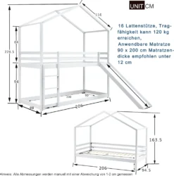 Merax Kinderbett 90x200cm Hochbett Etagenbett Mit Leiter Und Rutsche, Rausfallschutz Und Dachform, 2 Einzelbetten Hoch Doppel Stockbett Für Kinderzimmer, Kiefernholz Rahmen, Weiß -Kinderbett Geschäft 30f2b25b059f64f23401fb7e29db0887