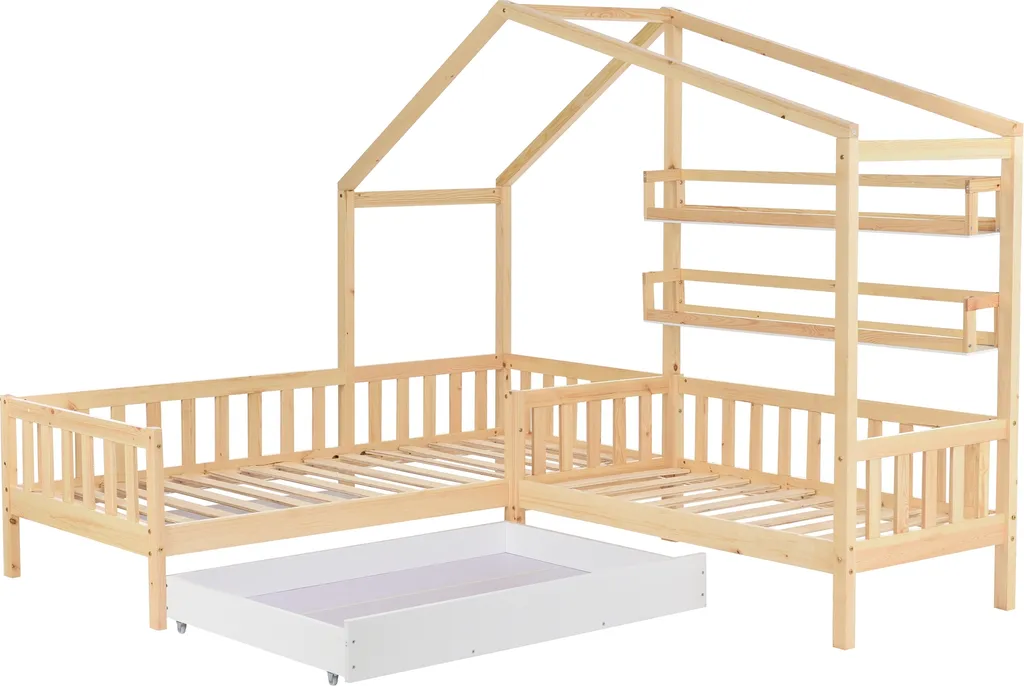 Merax Kinderbett 90x200cm/140x70cm Hausbett Mit Schubladen Und Regalen, Zaun Und Lattenrost, Spielbett Kinderhaus Aus Kiefernholz Für Zwei Kinder, Natur 11 Merax Kinderbett 90x200cm/140x70cm Hausbett Mit Schubladen Und Regalen, Zaun Und Lattenrost, Spielbett Kinderhaus Aus Kiefernholz Für Zwei Kinder, Natur – Bild 9