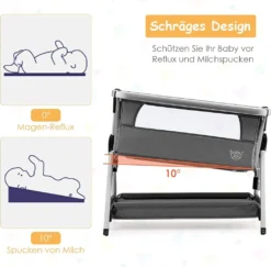 COSTWAY 3 In 1 Beistellbett & Babywiege & Reisebett Klappbar, Babybett Mit 7-Fach Verstellbarer Höhe, Tragbares Babywiege Mit Sicherheitsgurt, Netzfenster, Matratze, Bodenkorb & Rädern (Dunkelgrau) -Kinderbett Geschäft 31268730afc44fa80982b7be633b2dfb