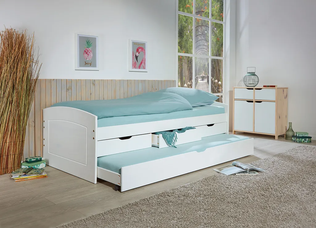 Stauraumbett Mit 2 Liegeflächen Rieka Massivholz Weiss 90 X 200 Cm 3 Schubladen Funktionsbett Schlafzimmer Kinderzimmer Inkl. Gästeliege 10 Stauraumbett Mit 2 Liegeflächen Rieka Massivholz Weiss 90 X 200 Cm 3 Schubladen Funktionsbett Schlafzimmer Kinderzimmer Inkl. Gästeliege – Bild 8