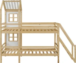 Merax Etagenbett 90x200cm Kinderbett Mit Leiter, Fallschutz Und Lattenrost, Hochbett Stockbett Kiefer Holzbett Hausbett Mit Dach Und Fenster, Weiß/Natur -Kinderbett Geschäft 32626cc13fd289e9089ca65d826b479f