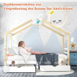 Merax Kinderbett 90x200cm Hausbett Mit Lattenrost Und 2 Schubladen, Spielbett Massivholzbett Für Kinder-und Jugendzimmer, Weiß/Natur -Kinderbett Geschäft 32a11f333936871111d9c36af1e78693