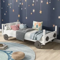 Merax Kinderbett 90x200cm Autobett Mit Lattenrost Und Rädern, Abnehmbarer Rahmen, Rahmen Aus Kiefer, Einzelbett Jungenbett Babybett Für Mädchen Und Jungen, Weiß -Kinderbett Geschäft 335dbd594baf90f1e5a66964979d08d1