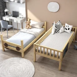 Merax Etagenbett 90x200cm Kinderbett Mit Rechtwinkliger Treppe Und Tafel, Zaun Und Rädern, Stockbett Rahmen Aus Kiefer, Teilbar Zu 2 Einzelbetten, Natur -Kinderbett Geschäft 336bd73b66401971eca6189ca3677010