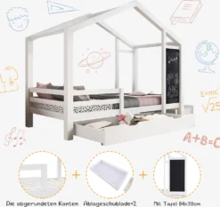 Merax Kinderbett Adele 90x200cm Hausbett Mit Tafel Und 2 Schubladen, Zaun Und Lattenrost, Spielbett Bett Kinderhaus Aus Massivholz, Weiß -Kinderbett Geschäft 35a90e80c47fc4a69eb43995332ea33a