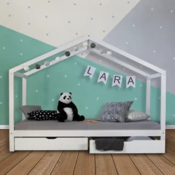 Homestyle4u 2075, Kinderbett Inklusive Matratze Hausbett 90x200 Cm Kinderhaus Spielbett Holzbett Weiß Bettkasten -Kinderbett Geschäft 36598880e131899ef3a4305f6e9ab3d2