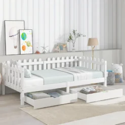 Merax Kinderbett 90x200 Cm Tagesbett Einzelbett Mit Zäune Und 2 Schubladen Auf Rollen, Kiefernholz Lattenrost Hausbett, Weiß -Kinderbett Geschäft 36be945ed137be72ed75422fa2bd6d91