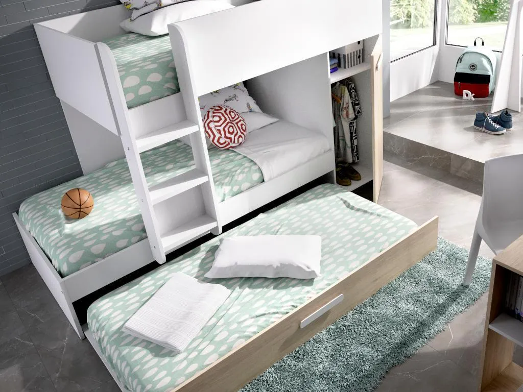 Etagenbett Ausziehbett Mit Stauraum + Matratzen - 3x 90 X 190 Cm - Weiß & Naturfarben - ANTHONY 7 Etagenbett Ausziehbett Mit Stauraum + Matratzen - 3x 90 X 190 Cm - Weiß & Naturfarben - ANTHONY – Bild 5