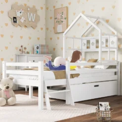 Merax Kinderbett Miki Hochbett Mit Leiter Und Schubladen, Inkl. Lattenrost Und Rausfallschutz, Hausbett 160x80cm Kinderhaus Jugendbett Spielbett Aus Massivholz, Weiß -Kinderbett Geschäft 3828ef33f069c9daa627b380975b4916