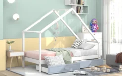 Merax Kinderbett 90x200 Cm Hausbett Mit 2 Herausnehmbaren Schubladen, Stabiles Podestbett Jugendbett Spielbett Aus Kiefer, Weiß -Kinderbett Geschäft 39bb9912056ad9ca3a6432860b031d4b