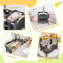 COSTWAY 4 In 1 Klappbares Reisebett & Beistellbett & Wickeltisch & Laufstall Rollbar, 2 Ebenen Babybett Inkl. Spielbogen, Matratze, Wickelauflage, Windelaufbewahrung Und Spieluhr (Hellgrau) -Kinderbett Geschäft 3ad30f7e2535b4c98a731ad0271adfd9